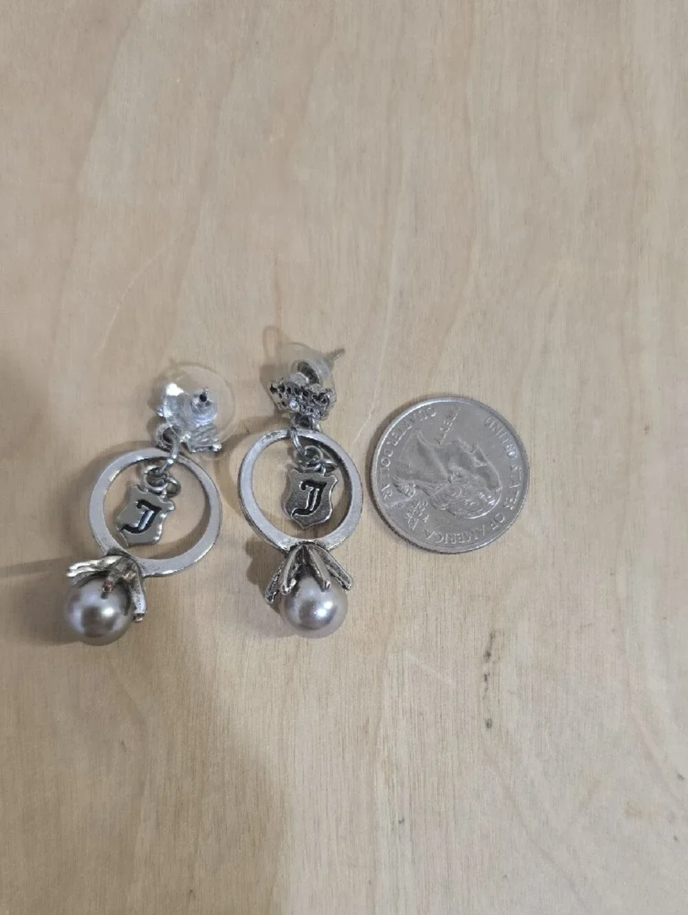 Juicy Couture Silver-Tone Pearl Drop Earrings with 'J' Charm